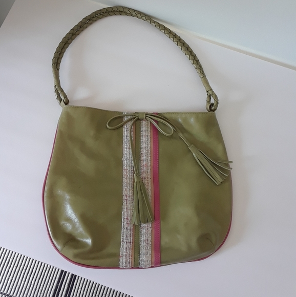 Vintage Y2K Genuine Leather Boho Green and Pink Tassel Handbag - Picture 2 of 7